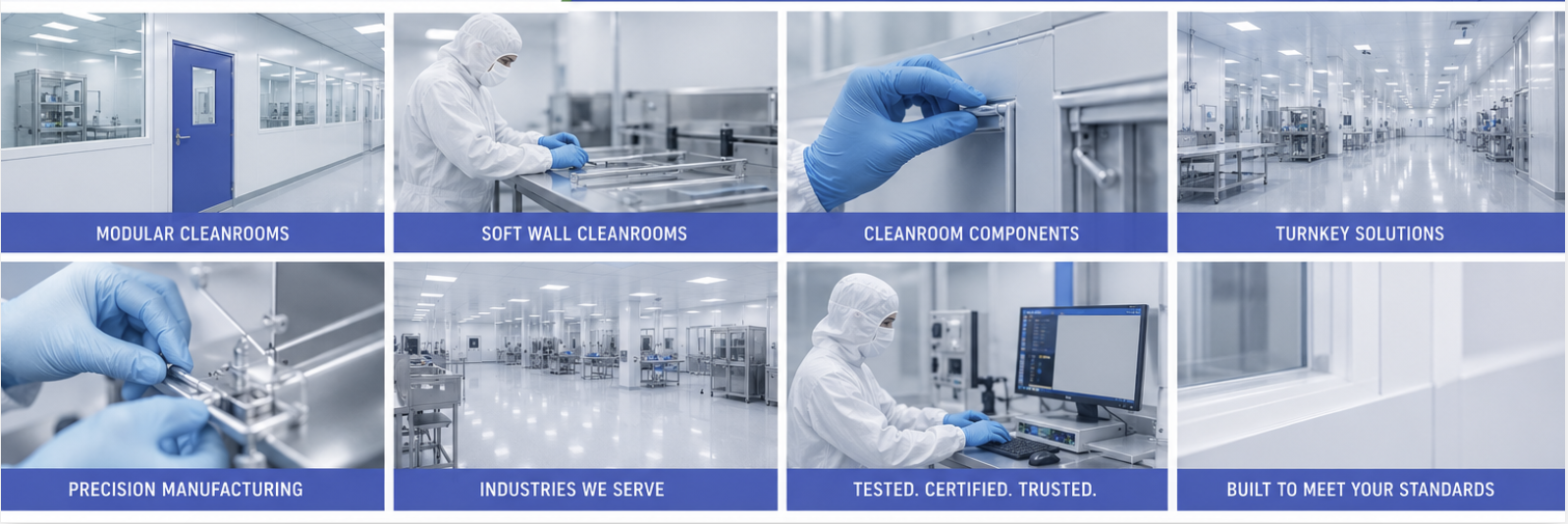 Clean Room Depot capabilities: modular cleanrooms, soft wall cleanrooms, cleanroom components, turnkey solutions, precision manufacturing, industries we serve, tested and certified, built to meet your standards
